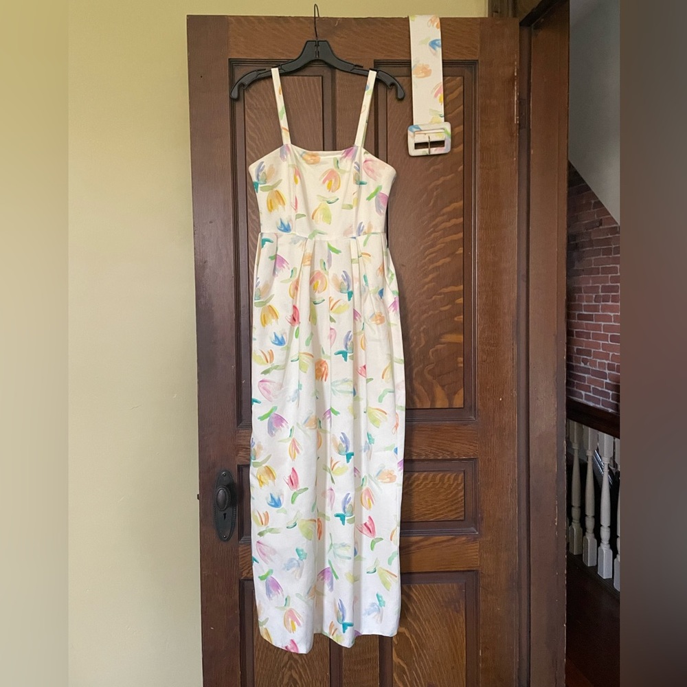 Rosie Assoulin floral dress white watercolor flowers with belt summer gown
